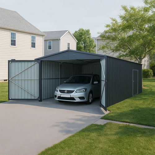 13' x 20' Heavy Duty Metal Storage Shed Steel w/ Double Front & Side Doors