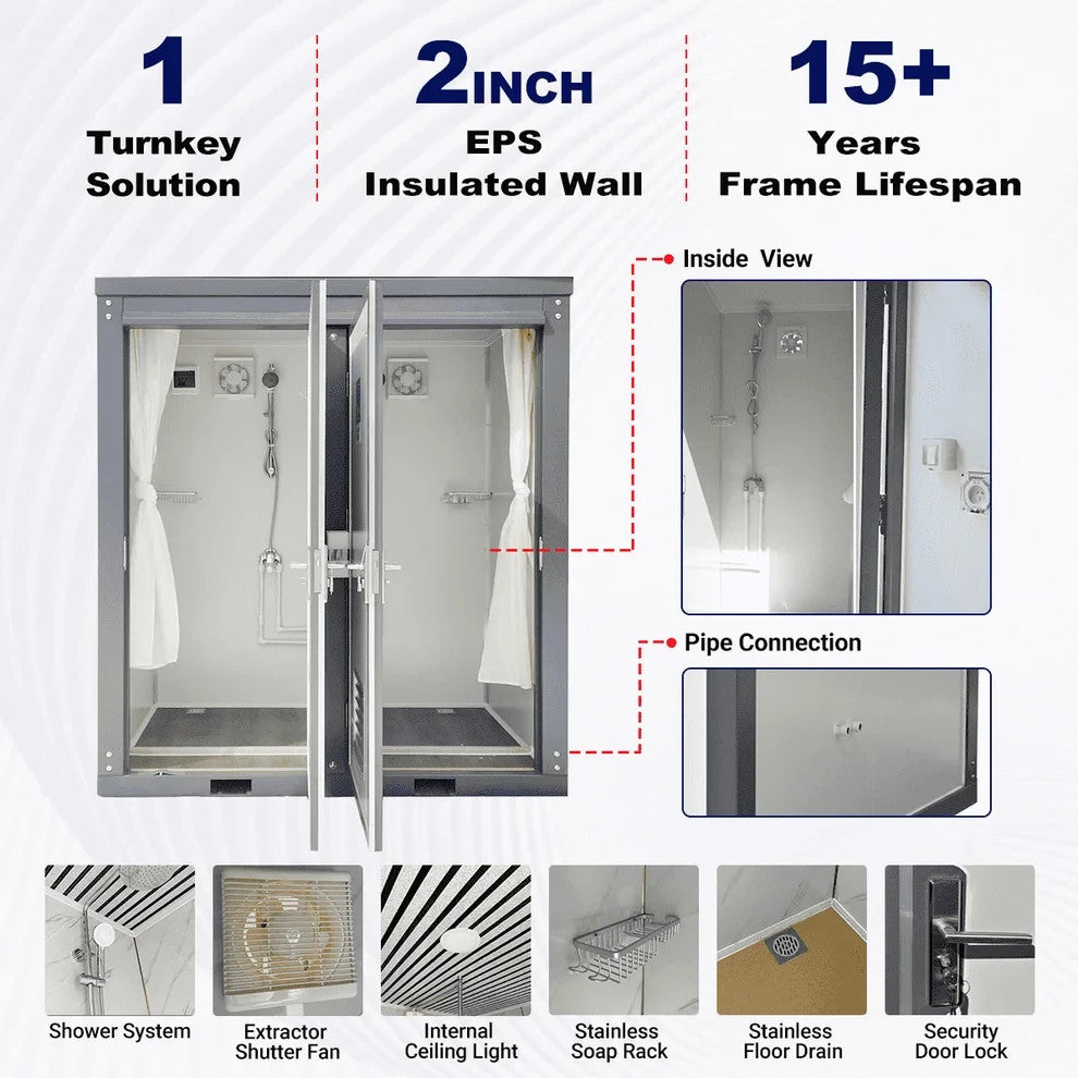 Bastone Mobile Shower 2-Stall Portable Insulated Shower Room Outdoor Use