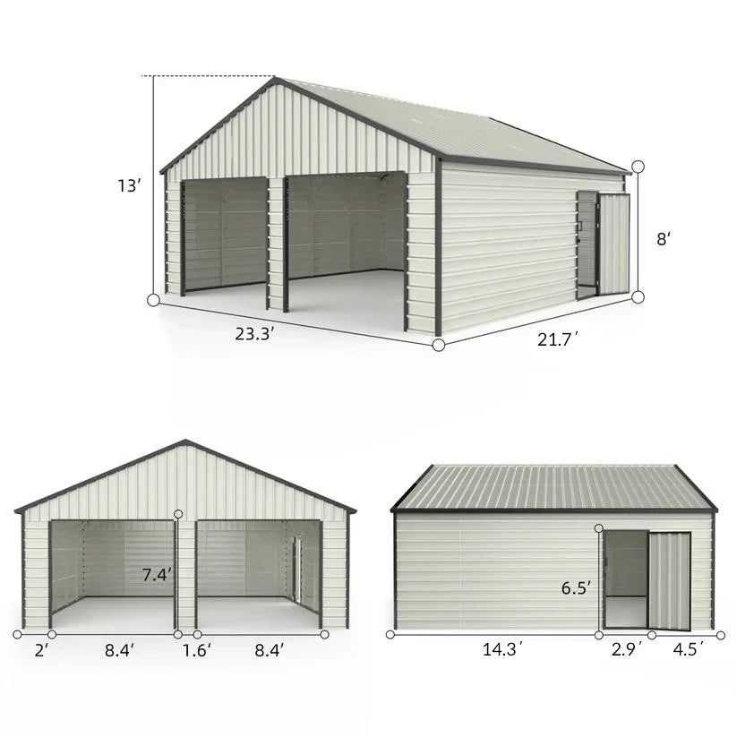 23'x22' Double Metal Garage Shed with Side Entry Door Car Shelter Storage