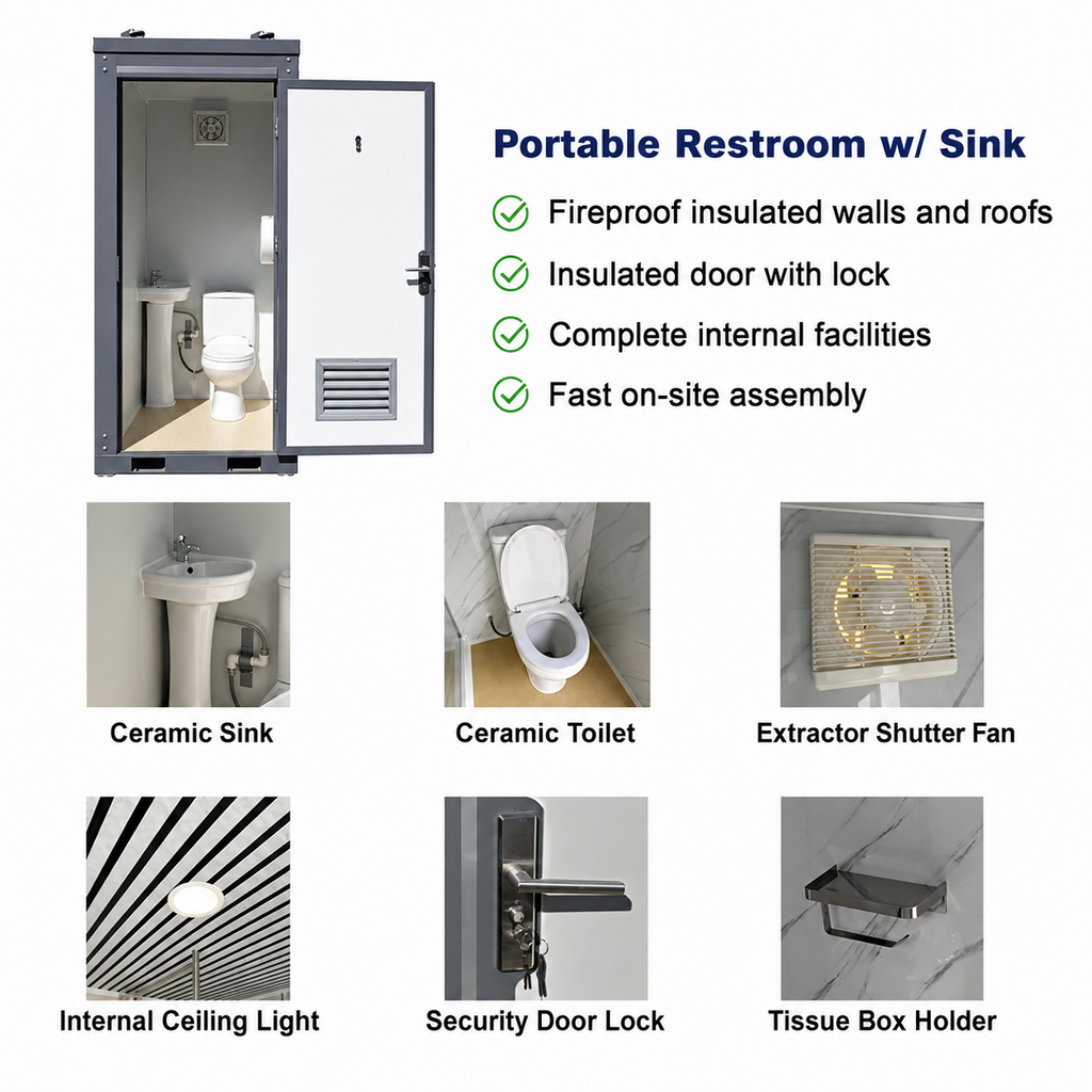 Bastone Single Stall Portable Restroom w/ Sink Flush Toilet & Vent Fan Outdoor