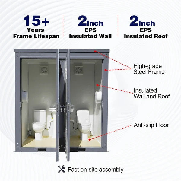 Bastone 2-Stall Portable Toilet Restroom w/ Sink Fan & Light Construction Site