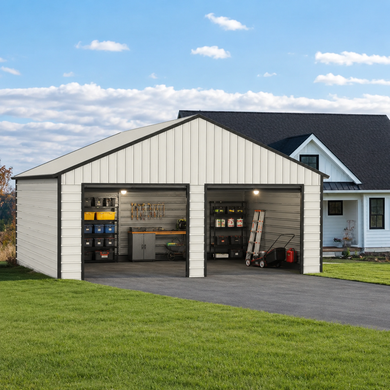23'x22' Double Metal Garage Shed with Side Entry Door Car Shelter Storage