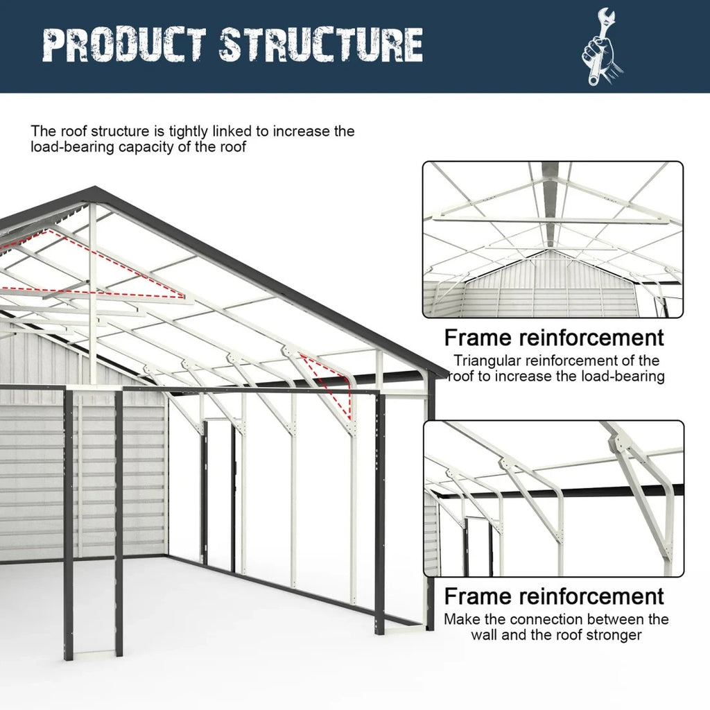23'x22' Double Metal Garage Shed with Side Entry Door Car Shelter Storage