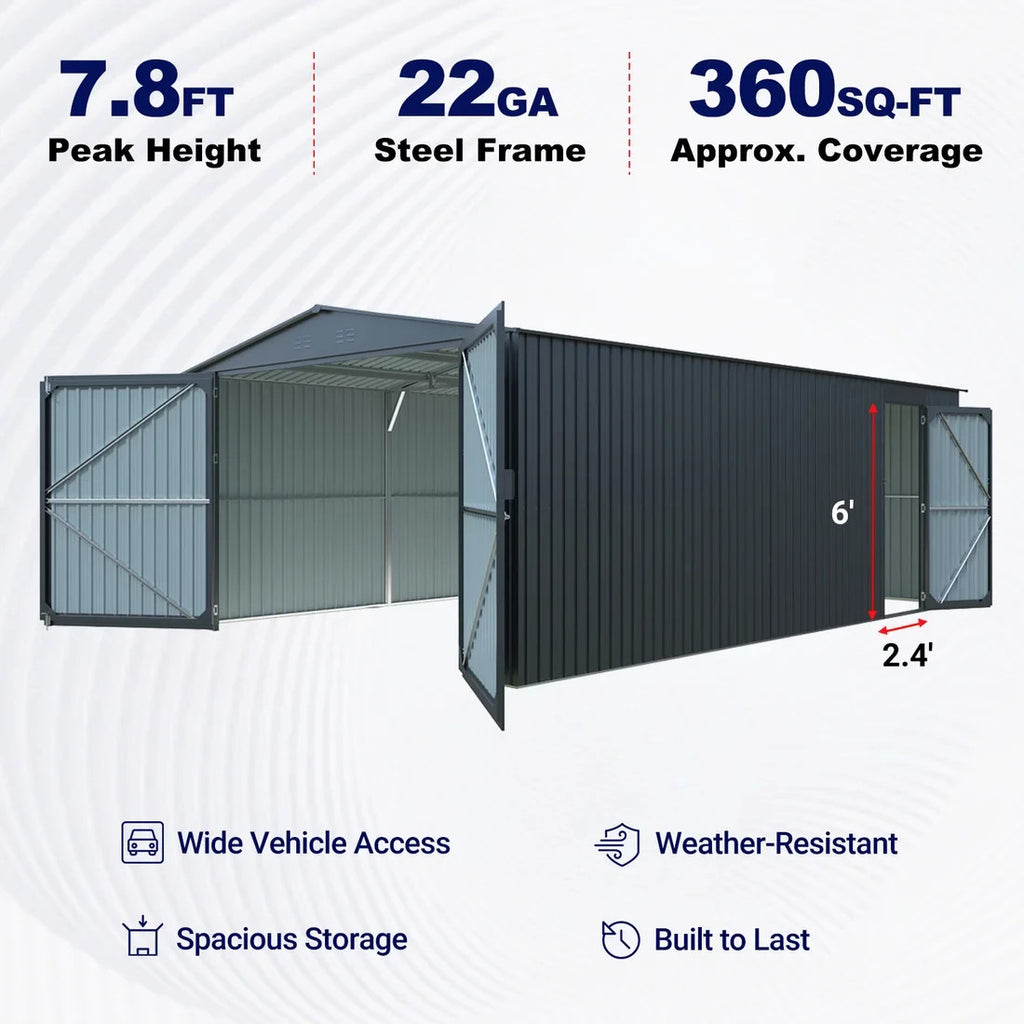 13' x 20' Heavy Duty Metal Storage Shed Steel w/ Double Front & Side Doors