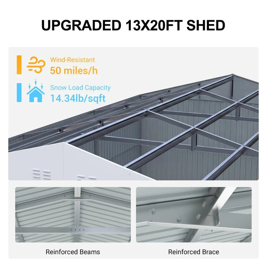 13' x 20' Heavy Duty Metal Storage Shed Steel w/ Double Front & Side Doors