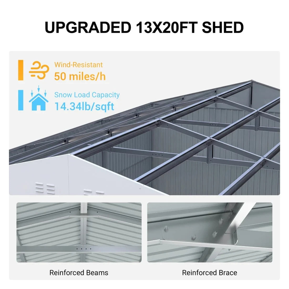 13' x 20' Heavy Duty Metal Storage Shed Steel w/ Double Front & Side Doors