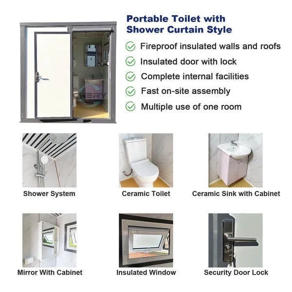 Bastone Portable Restroom W/ Shower Curtain Style for Outdoor Use| Mobile Toilet