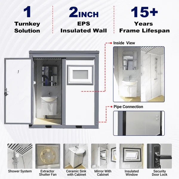 Bastone Portable Shower Room w/ Vanity, Mirror Cabinet, Window, Lights & Fan