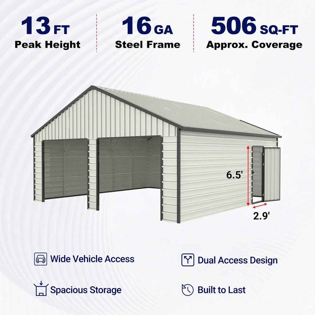 23'x22' Double Metal Garage Shed with Side Entry Door Car Shelter Storage