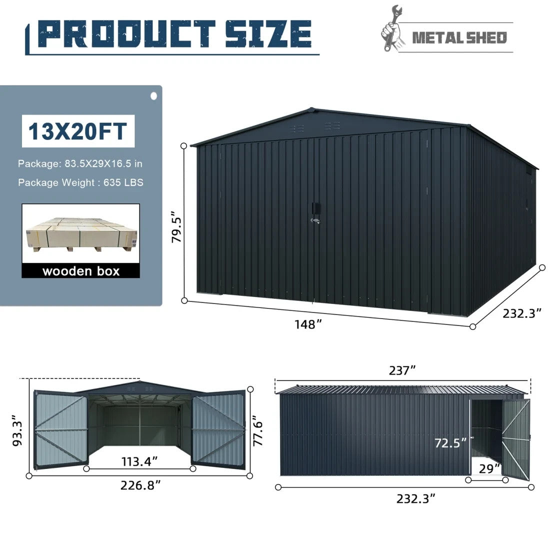 13' x 20' Heavy Duty Metal Storage Shed Steel w/ Double Front & Side Doors