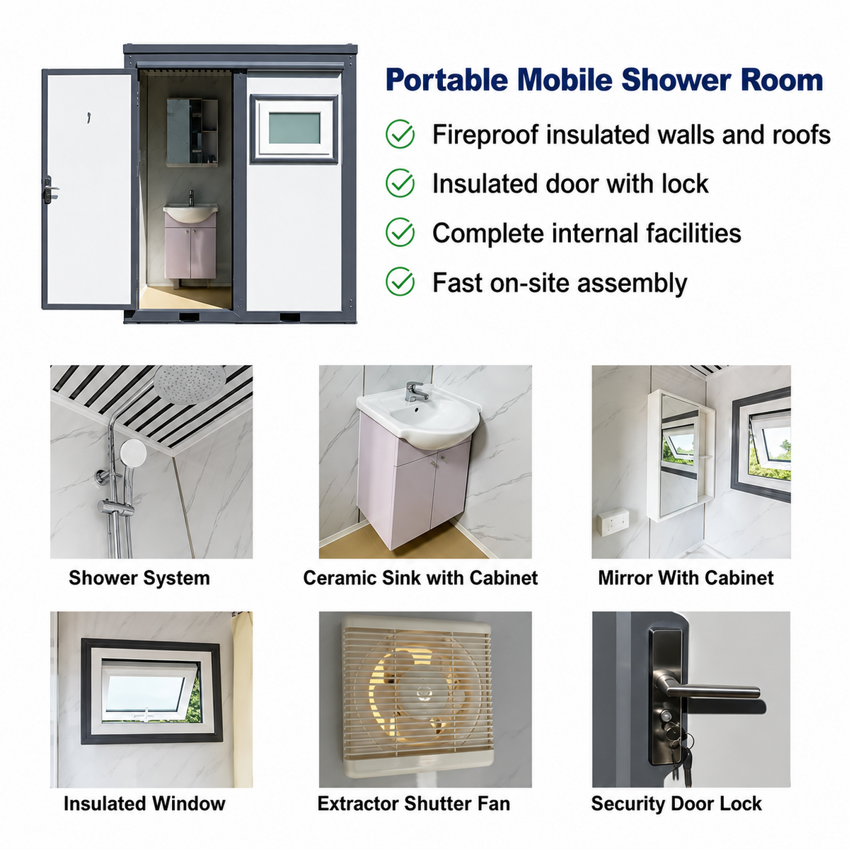 Bastone Portable Shower Room w/ Vanity, Mirror Cabinet, Window, Lights & Fan