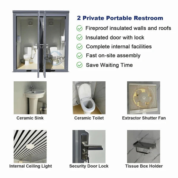 Bastone 2-Stall Portable Toilet Restroom w/ Sink Fan & Light Construction Site