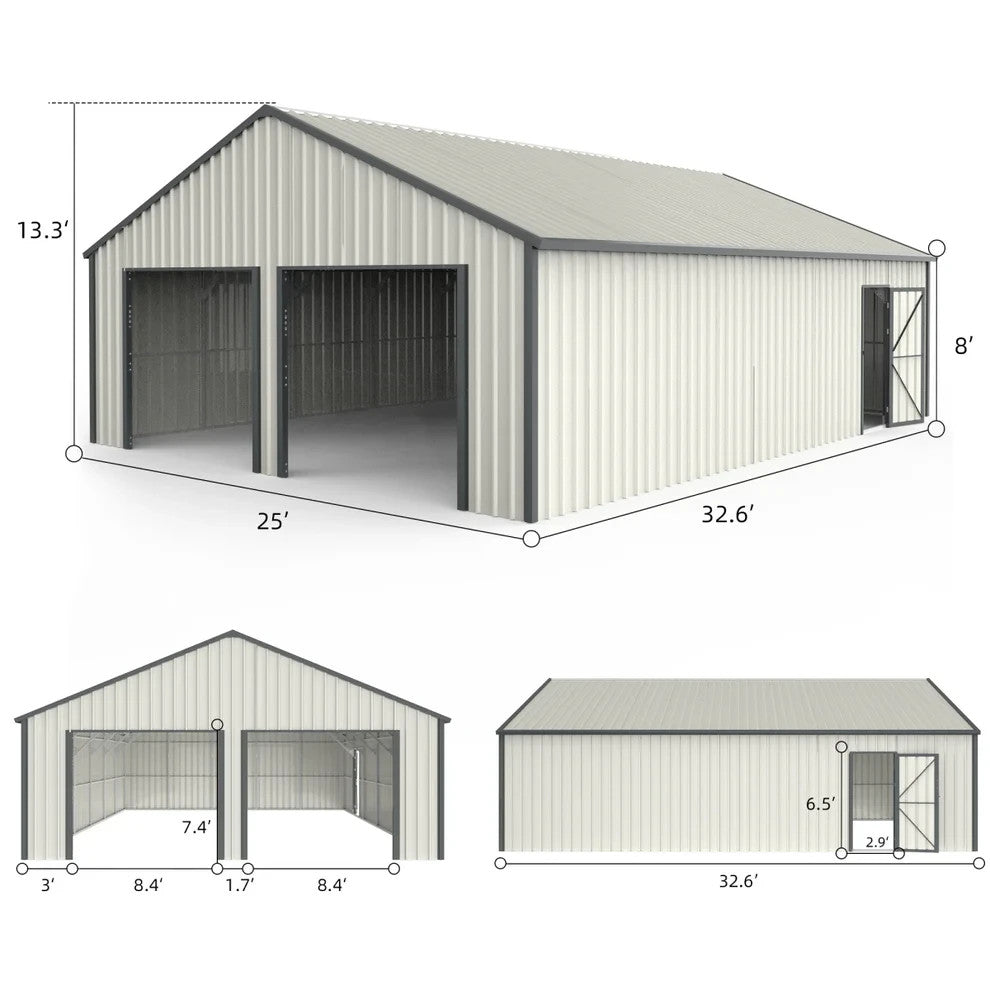 25x33' Double Metal Shed with Side Entry Door Car Shelter Outdoor Storage